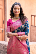 Navy Blue Art Silk All Over Zari Weaving Saree with Contrast Pink Border