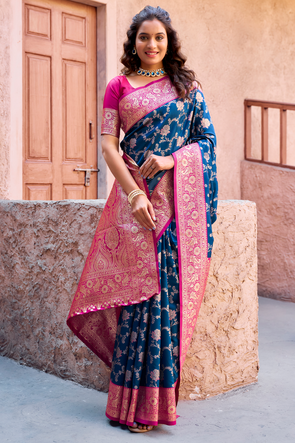 Navy Blue Art Silk All Over Zari Weaving Saree with Contrast Pink Border