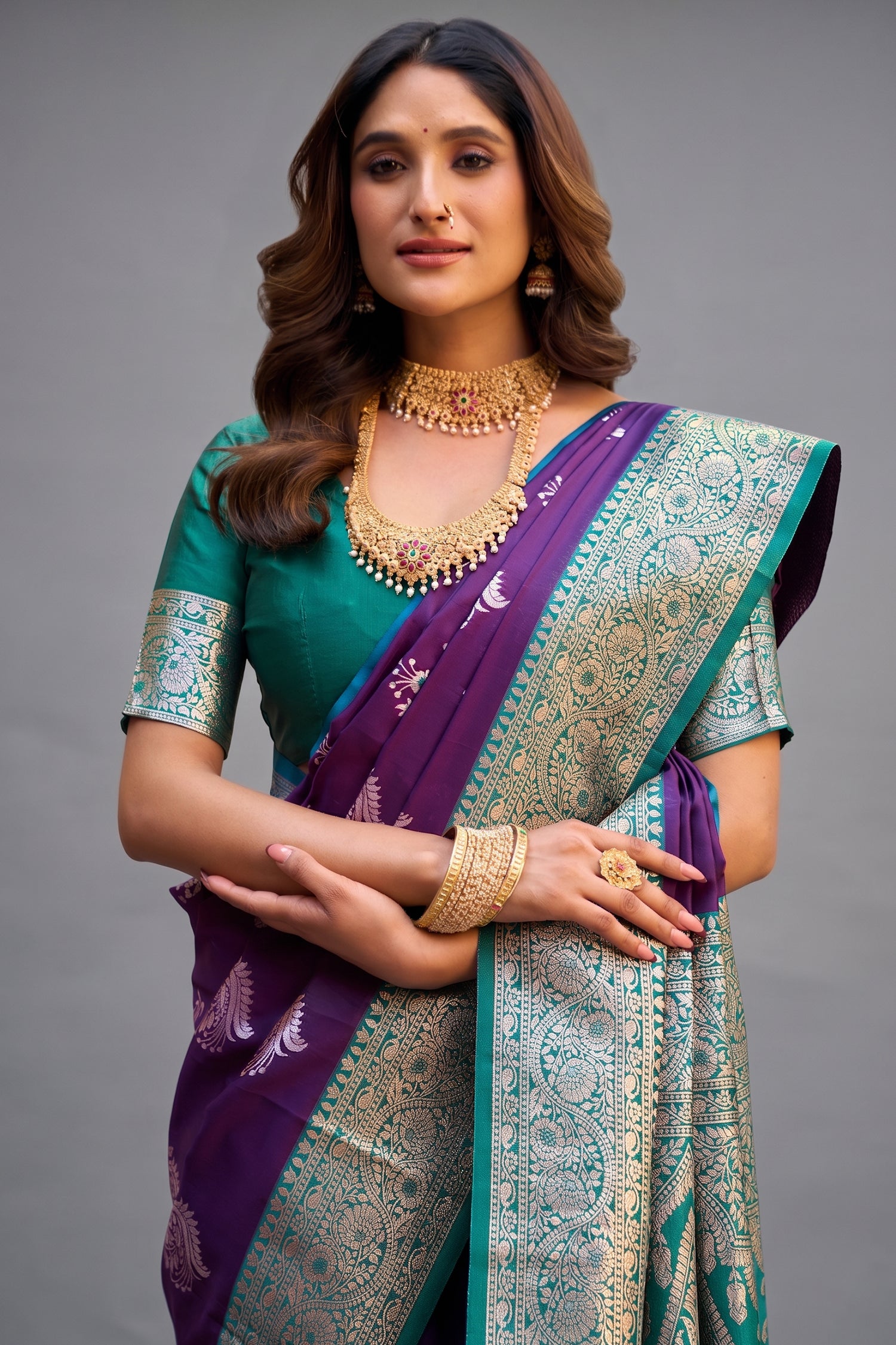 Royal Purple Art Silk All Over Zari Weaving Saree with Contrast Teal Border