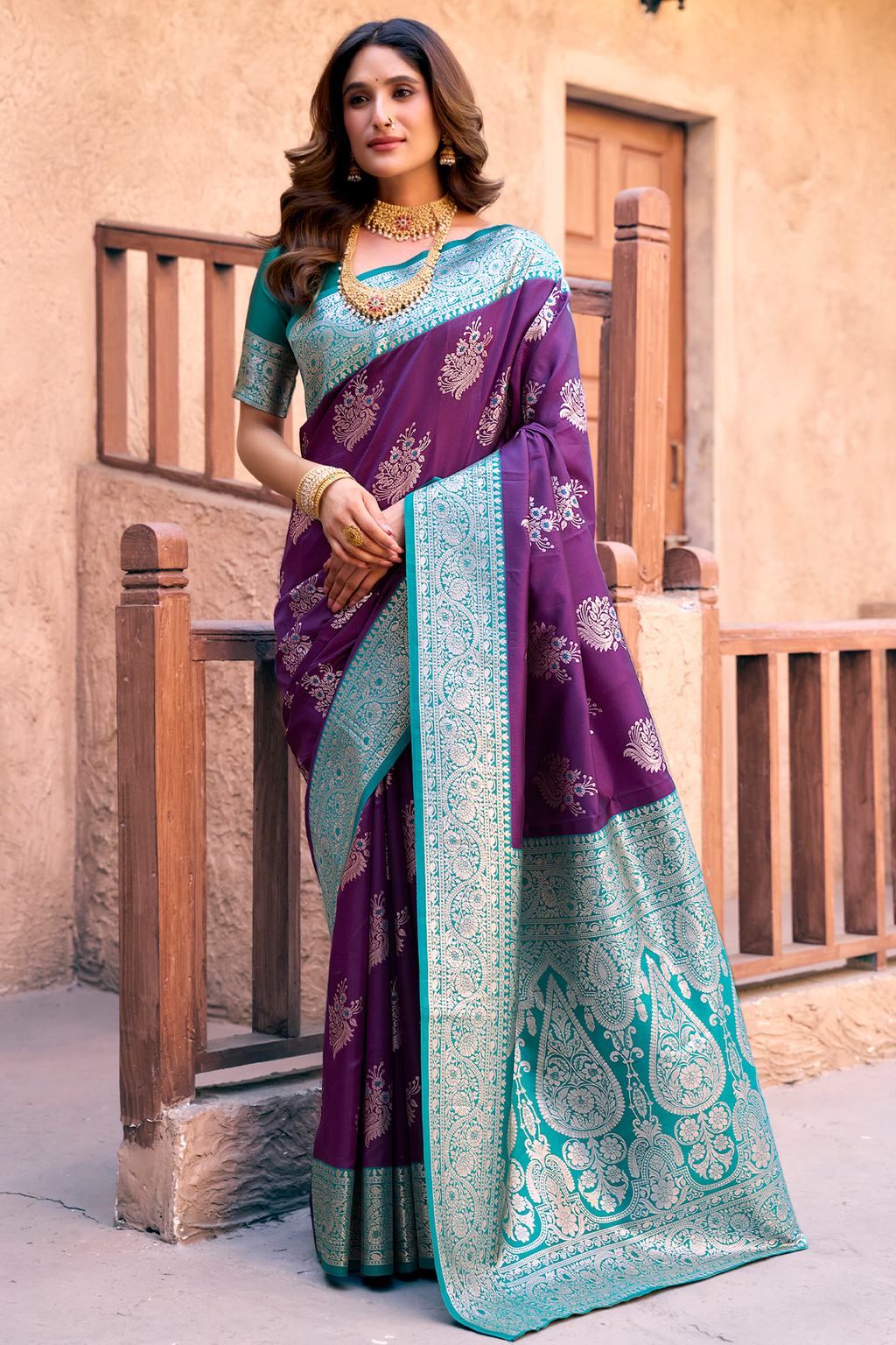 Royal Purple Art Silk All Over Zari Weaving Saree with Contrast Teal Border