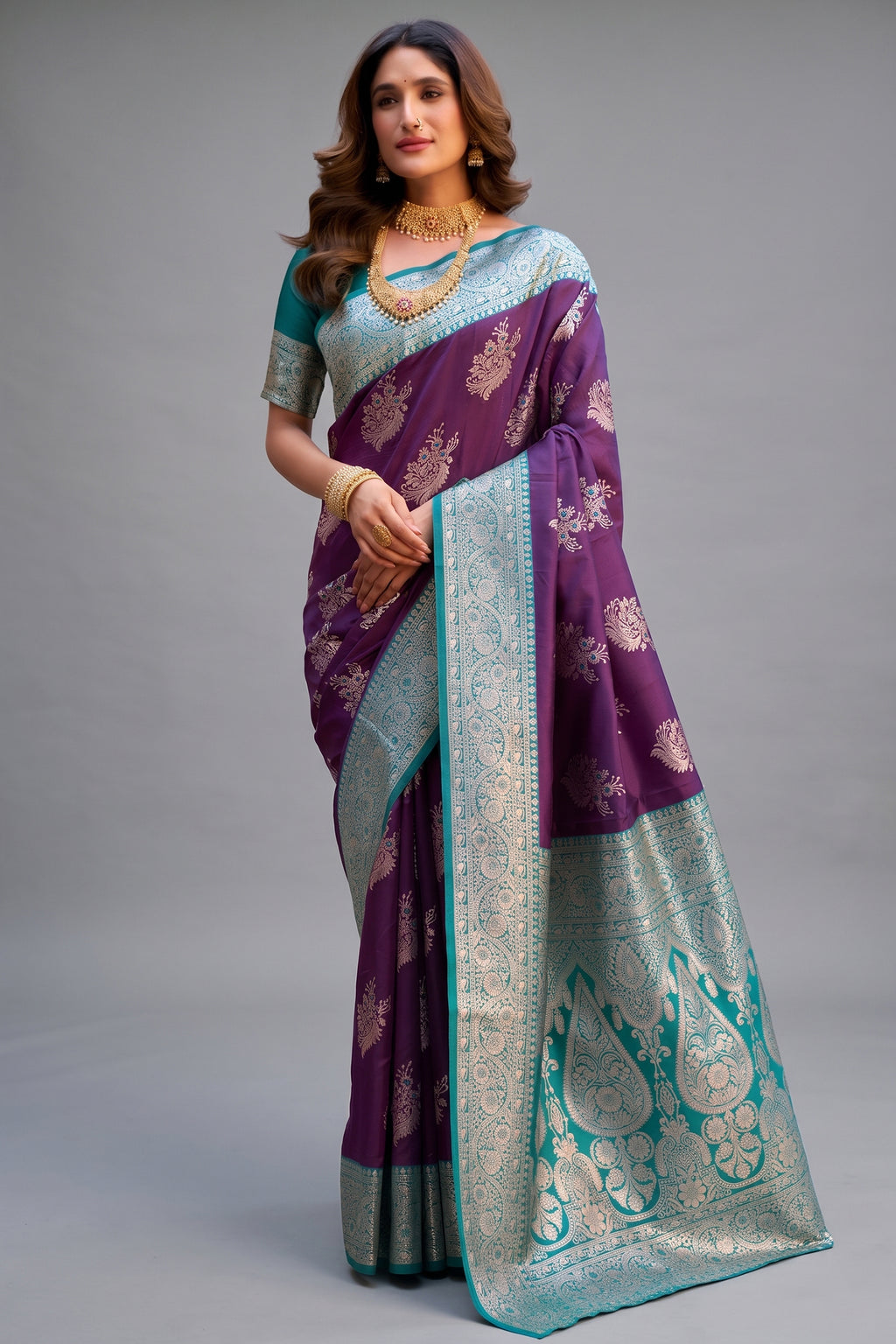 Royal Purple Art Silk All Over Zari Weaving Saree with Contrast Teal Border
