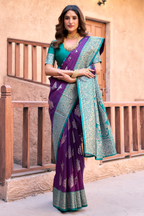 Royal Purple Art Silk All Over Zari Weaving Saree with Contrast Teal Border