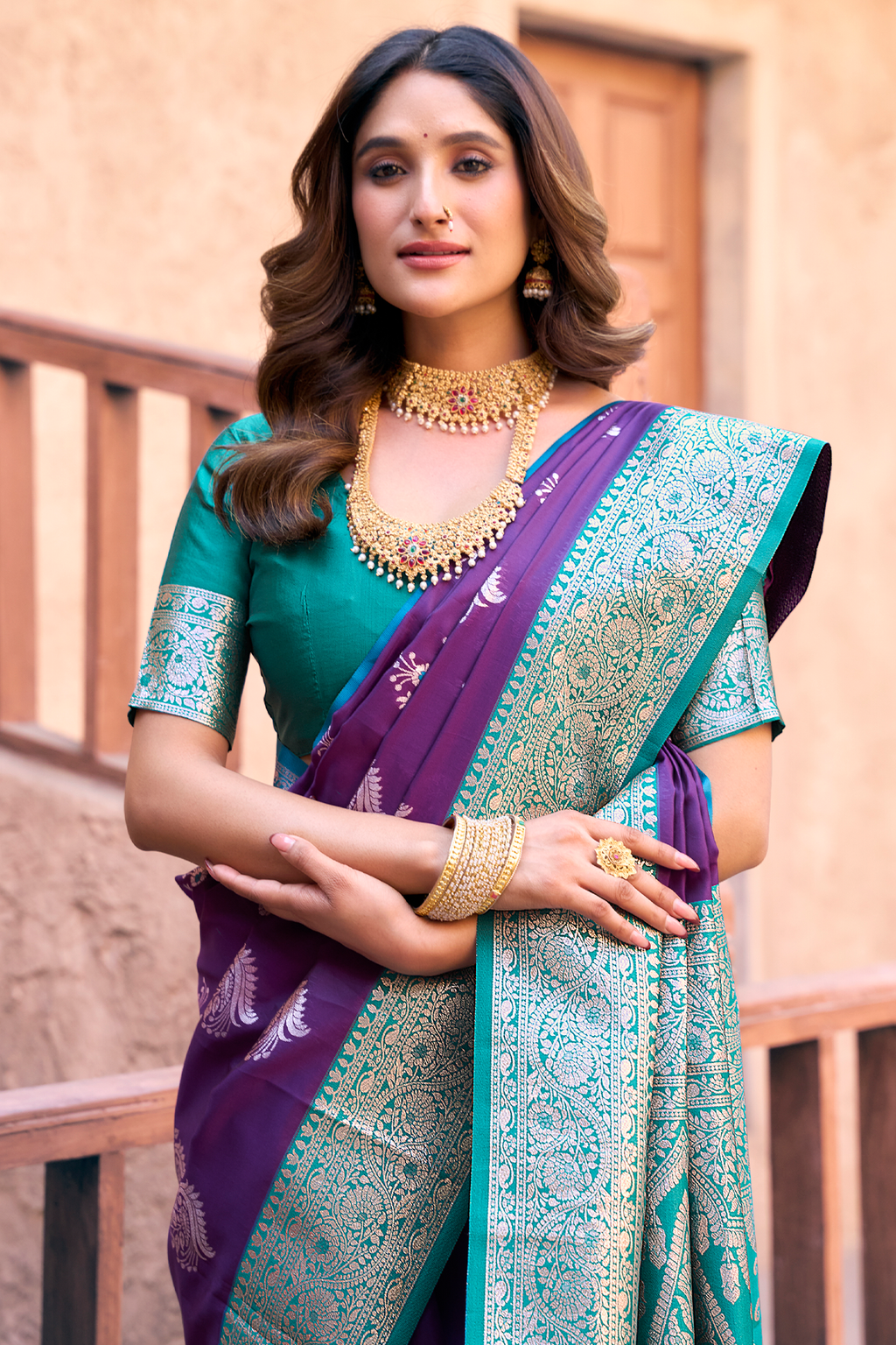 Royal Purple Art Silk All Over Zari Weaving Saree with Contrast Teal Border