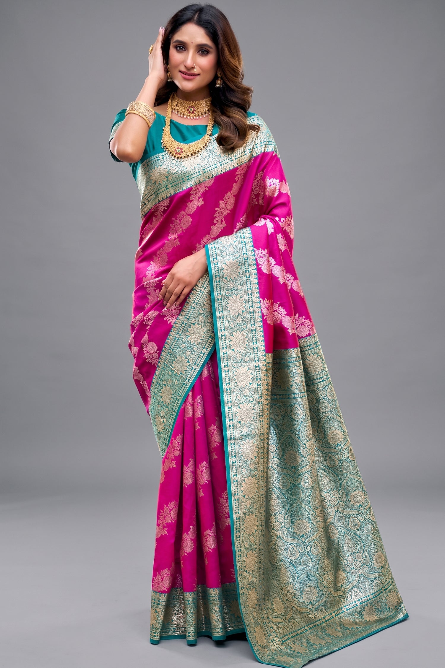 Magenta Pink Art Silk All Over Zari Weaving Saree with Contrast Mint Border Main image