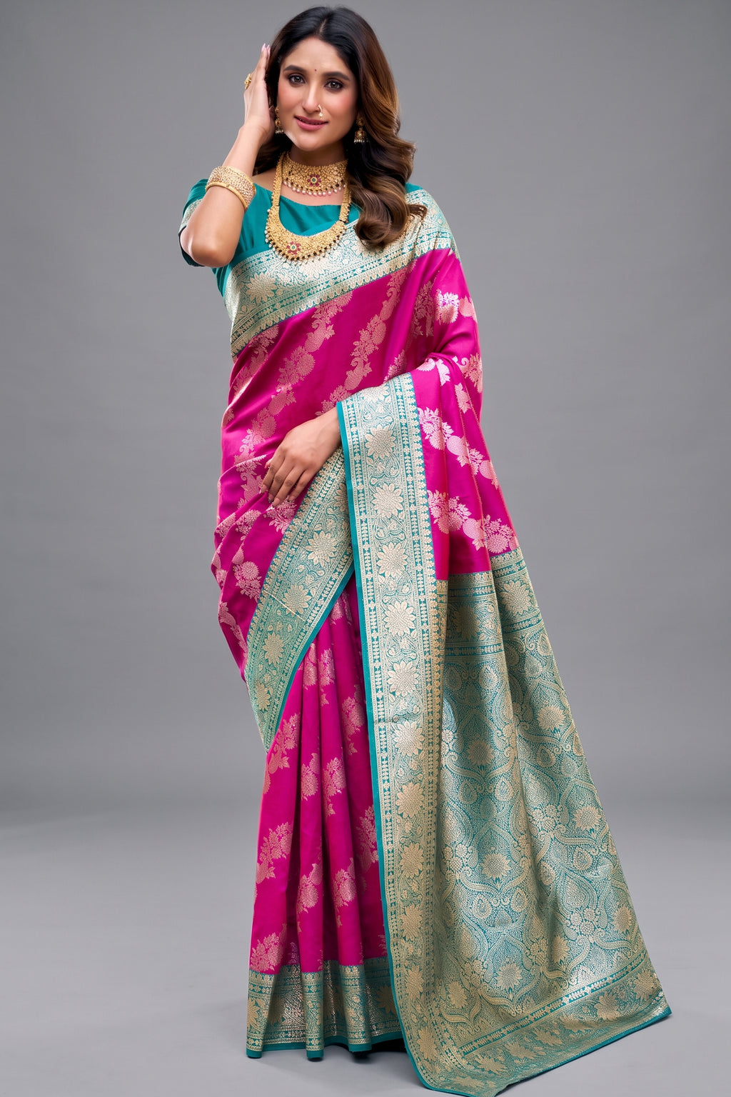 Magenta Pink Art Silk All Over Zari Weaving Saree with Contrast Mint Border