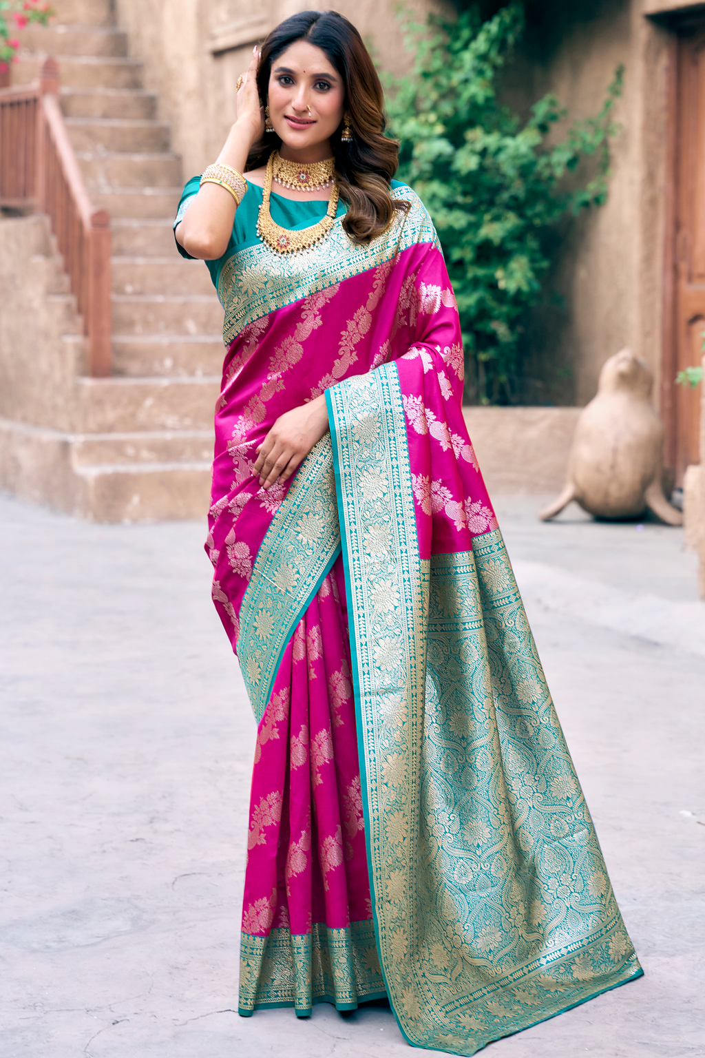 Magenta Pink Art Silk All Over Zari Weaving Saree with Contrast Mint Border