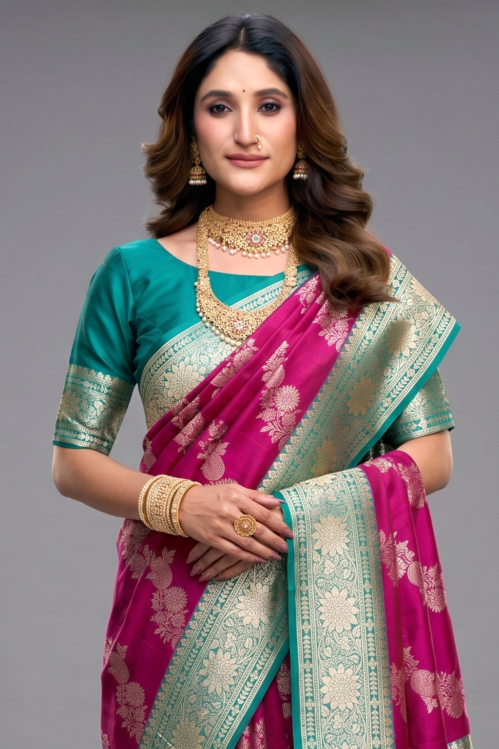 Magenta Pink Art Silk All Over Zari Weaving Saree with Contrast Mint Border