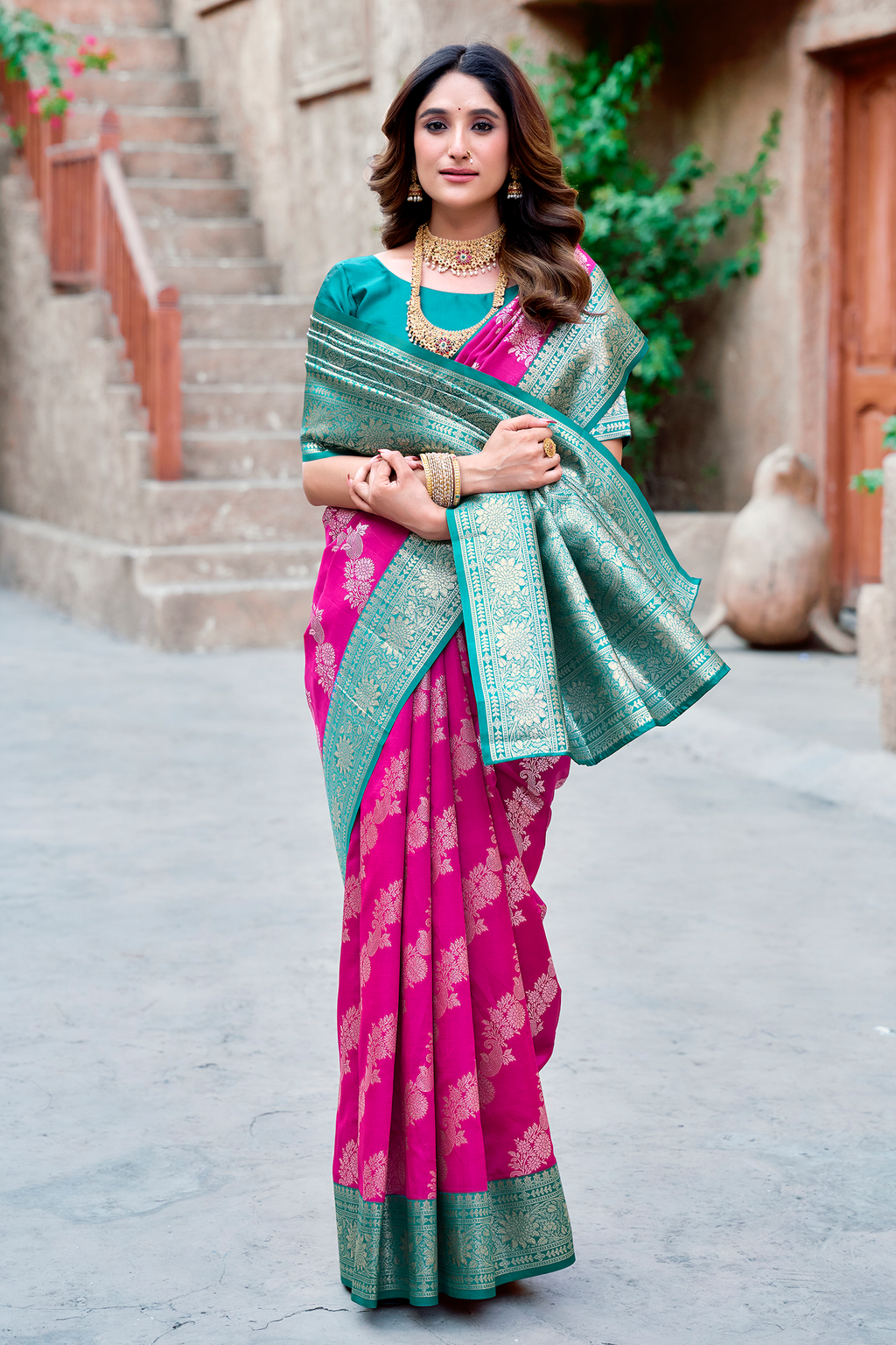 Magenta Pink Art Silk All Over Zari Weaving Saree with Contrast Mint Border