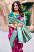 Magenta Pink Art Silk All Over Zari Weaving Saree with Contrast Mint Border