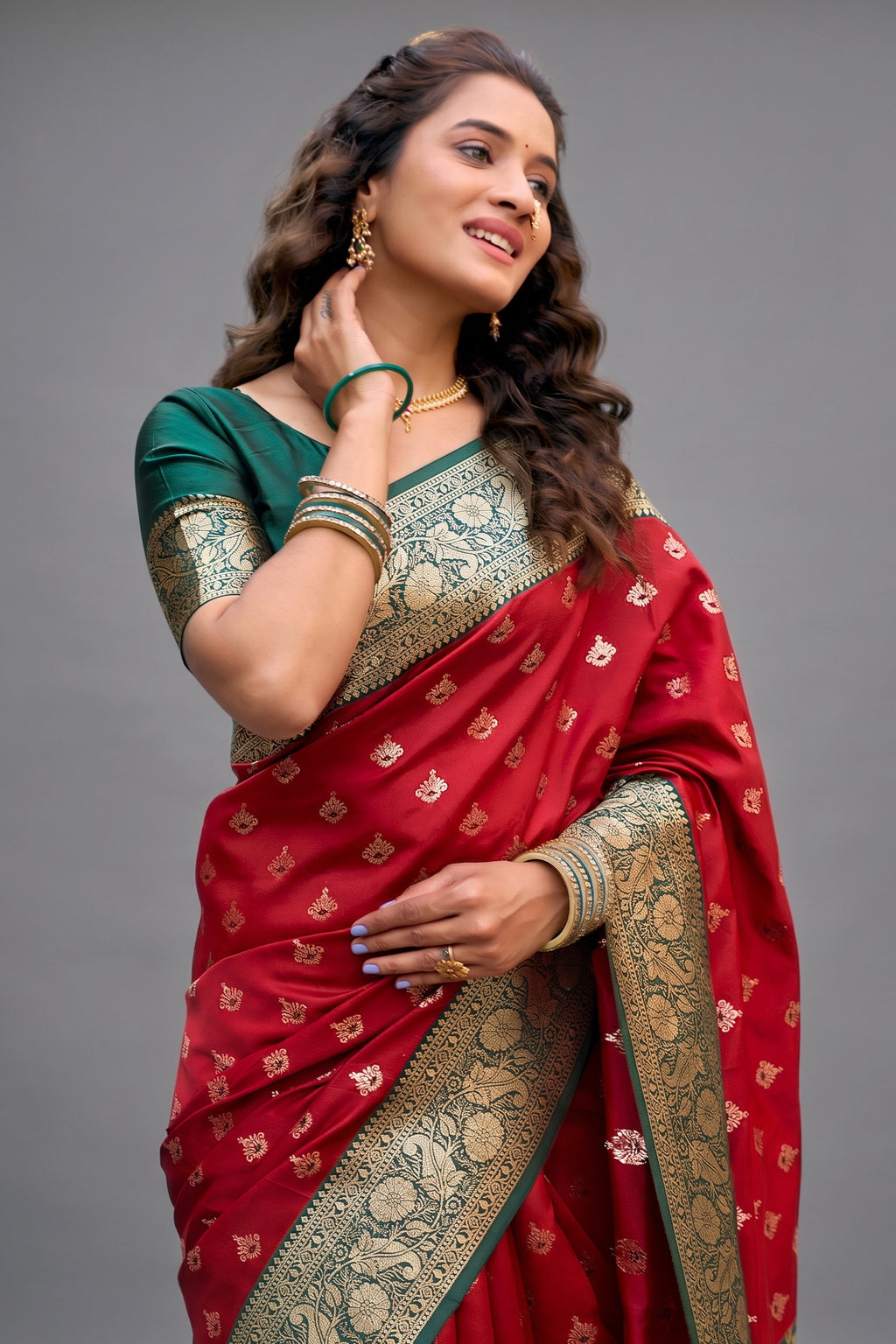 Crimson Red Art Silk All Over Zari Weaving Saree with Contrast Green Border