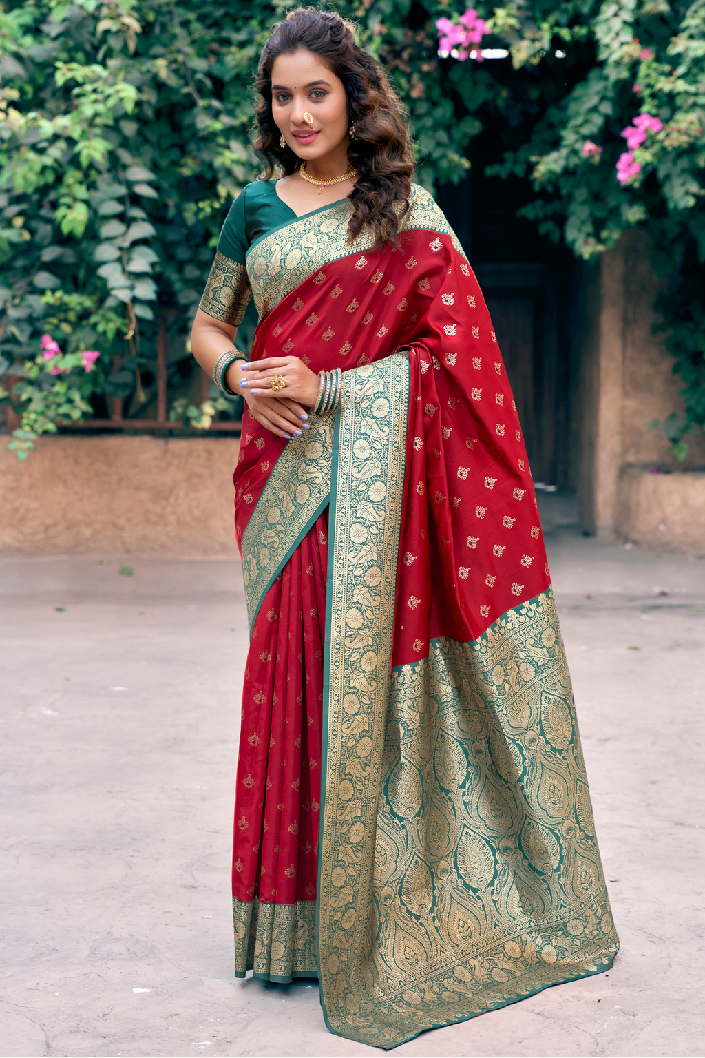 Crimson Red Art Silk All Over Zari Weaving Saree with Contrast Green Border