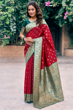 Crimson Red Art Silk All Over Zari Weaving Saree with Contrast Green Border
