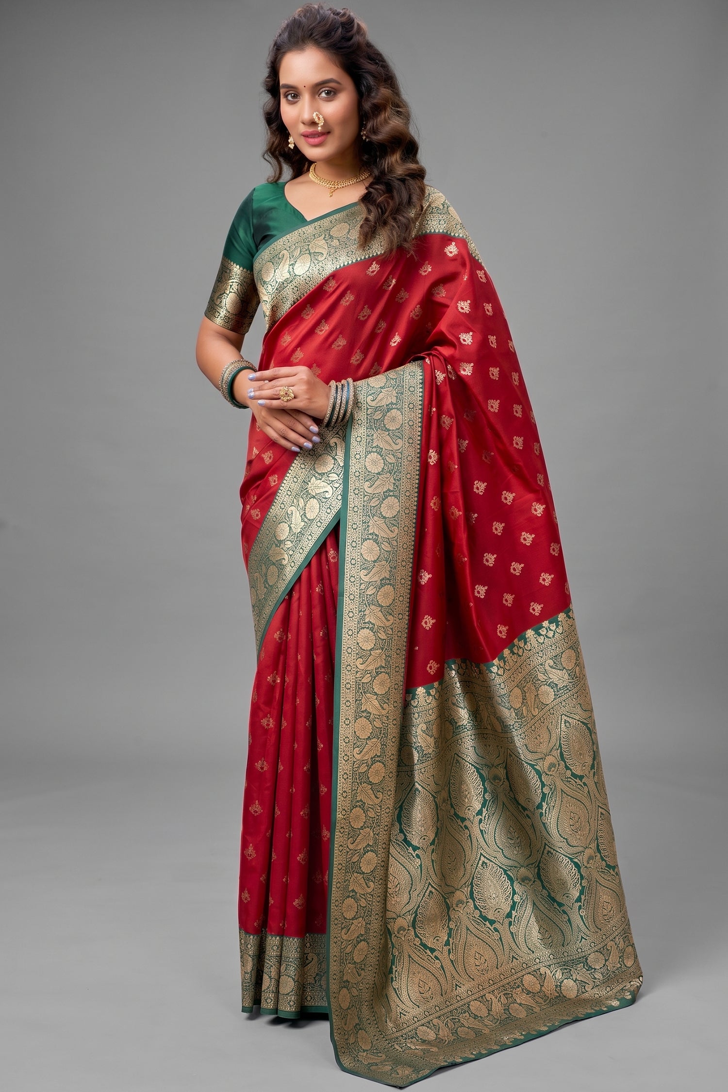Crimson Red Art Silk All Over Zari Weaving Saree with Contrast Green Border Main image