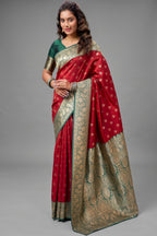 Crimson Red Art Silk All Over Zari Weaving Saree with Contrast Green Border
