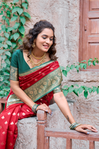 Crimson Red Art Silk All Over Zari Weaving Saree with Contrast Green Border