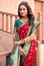 Crimson Red Art Silk All Over Zari Weaving Saree with Contrast Green Border