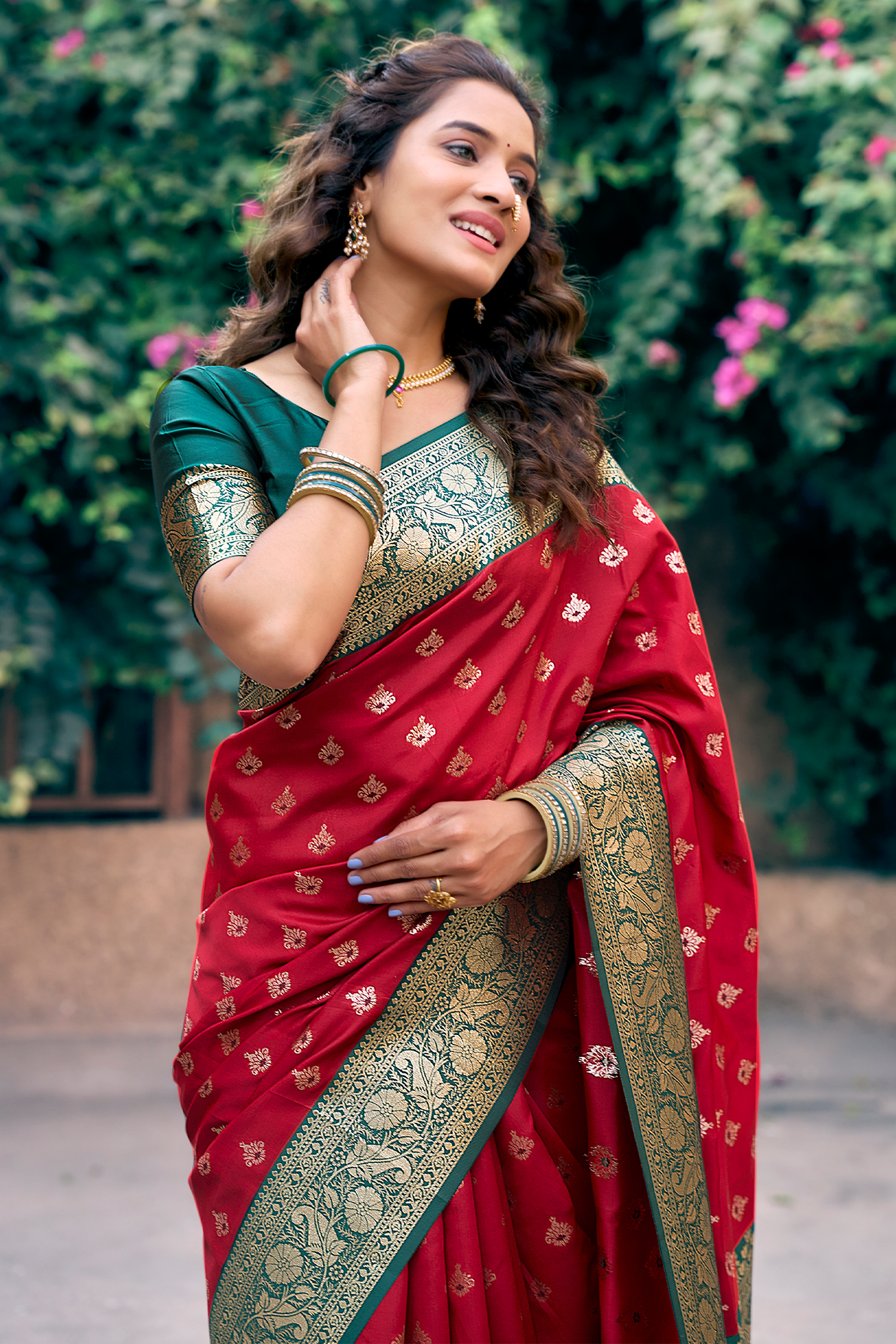 Crimson Red Art Silk All Over Zari Weaving Saree with Contrast Green Border