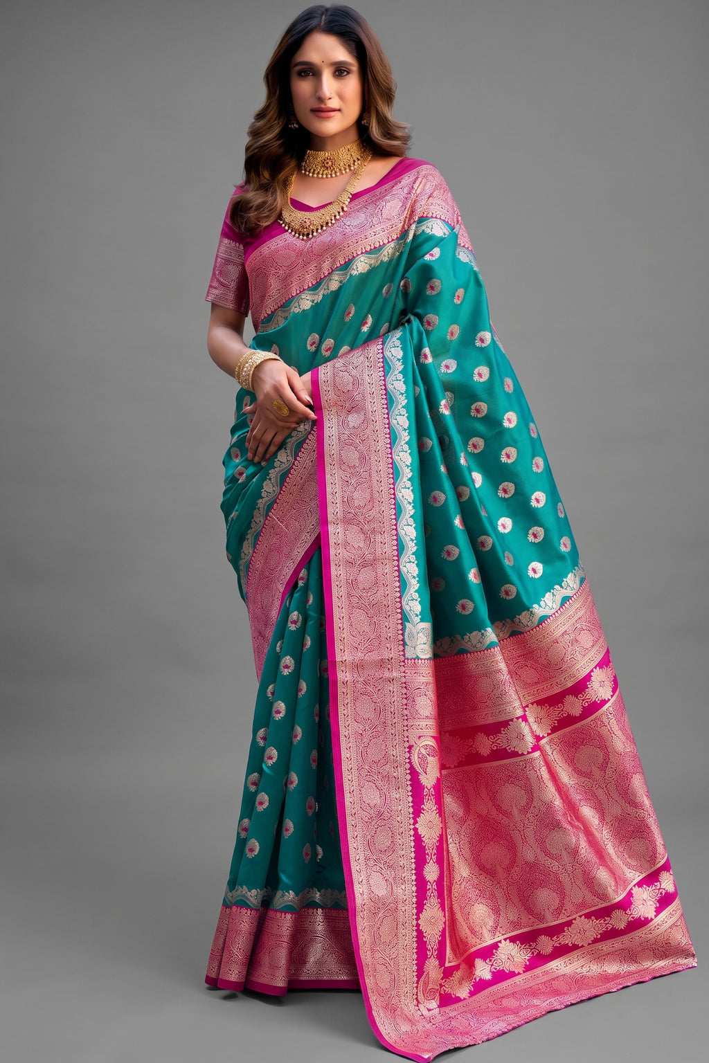 Teal Blue Art Silk All Over Zari Weaving Saree with Contrast Pink Border