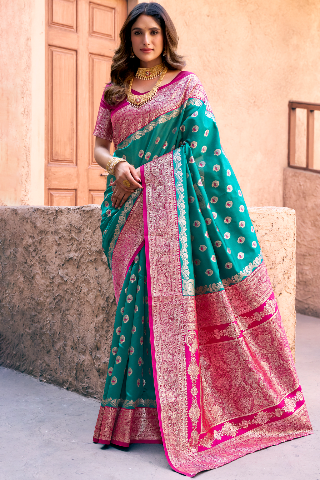 Teal Blue Art Silk All Over Zari Weaving Saree with Contrast Pink Border