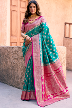 Teal Blue Art Silk All Over Zari Weaving Saree with Contrast Pink Border