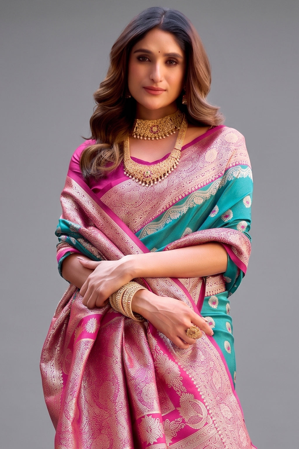 Teal Blue Art Silk All Over Zari Weaving Saree with Contrast Pink Border