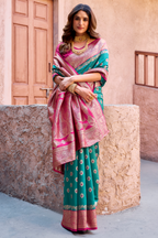 Teal Blue Art Silk All Over Zari Weaving Saree with Contrast Pink Border