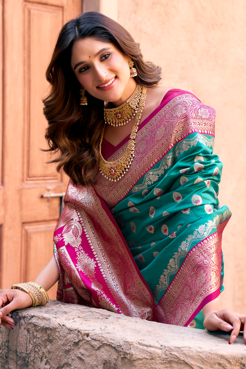 Teal Blue Art Silk All Over Zari Weaving Saree with Contrast Pink Border