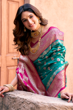 Teal Blue Art Silk All Over Zari Weaving Saree with Contrast Pink Border