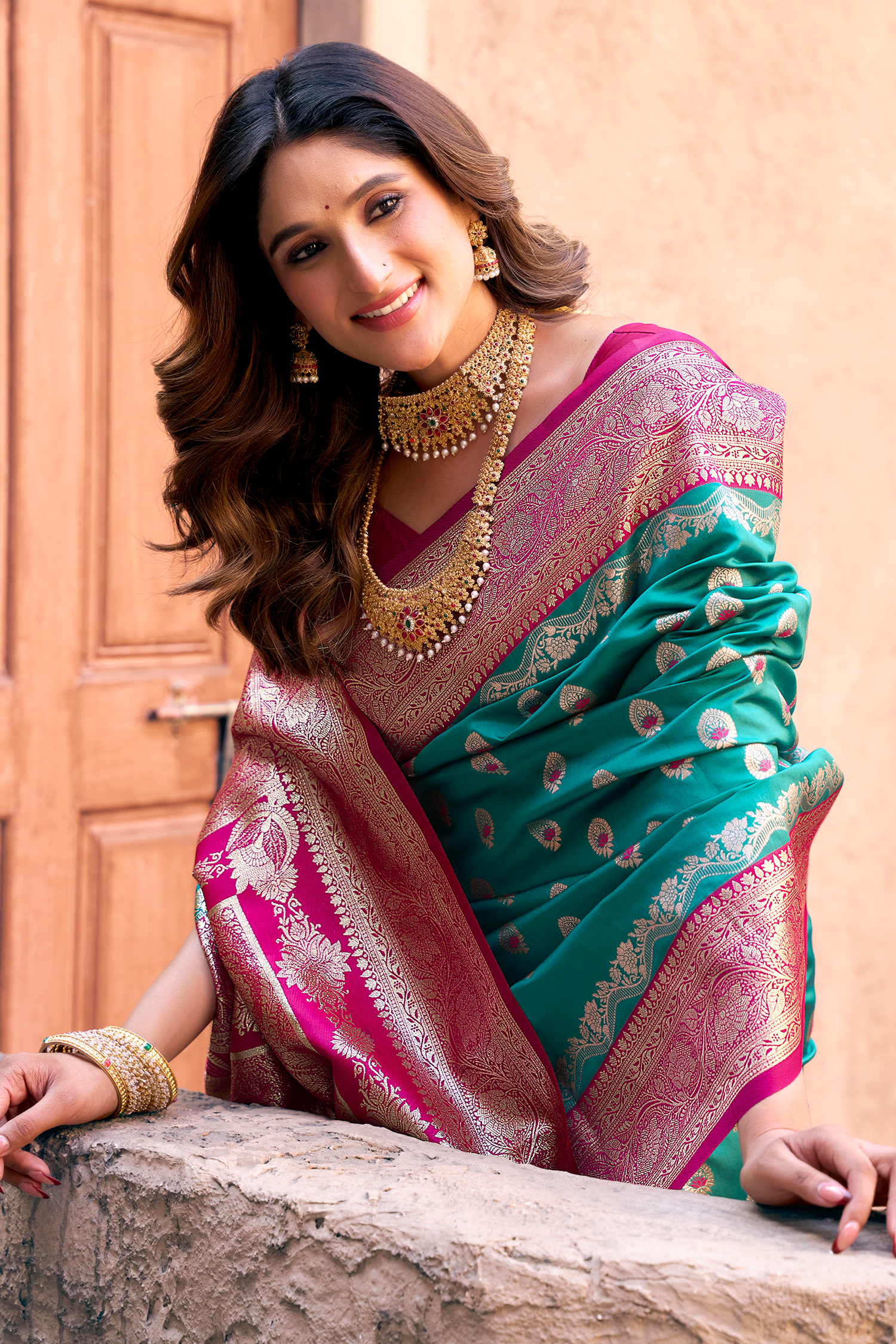 Teal Blue Art Silk All Over Zari Weaving Saree with Contrast Pink Border