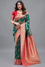 Bottle Green Art Silk All Over Zari Weaving Saree with Contrast Rust Border