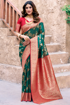 Bottle Green Art Silk All Over Zari Weaving Saree with Contrast Rust Border