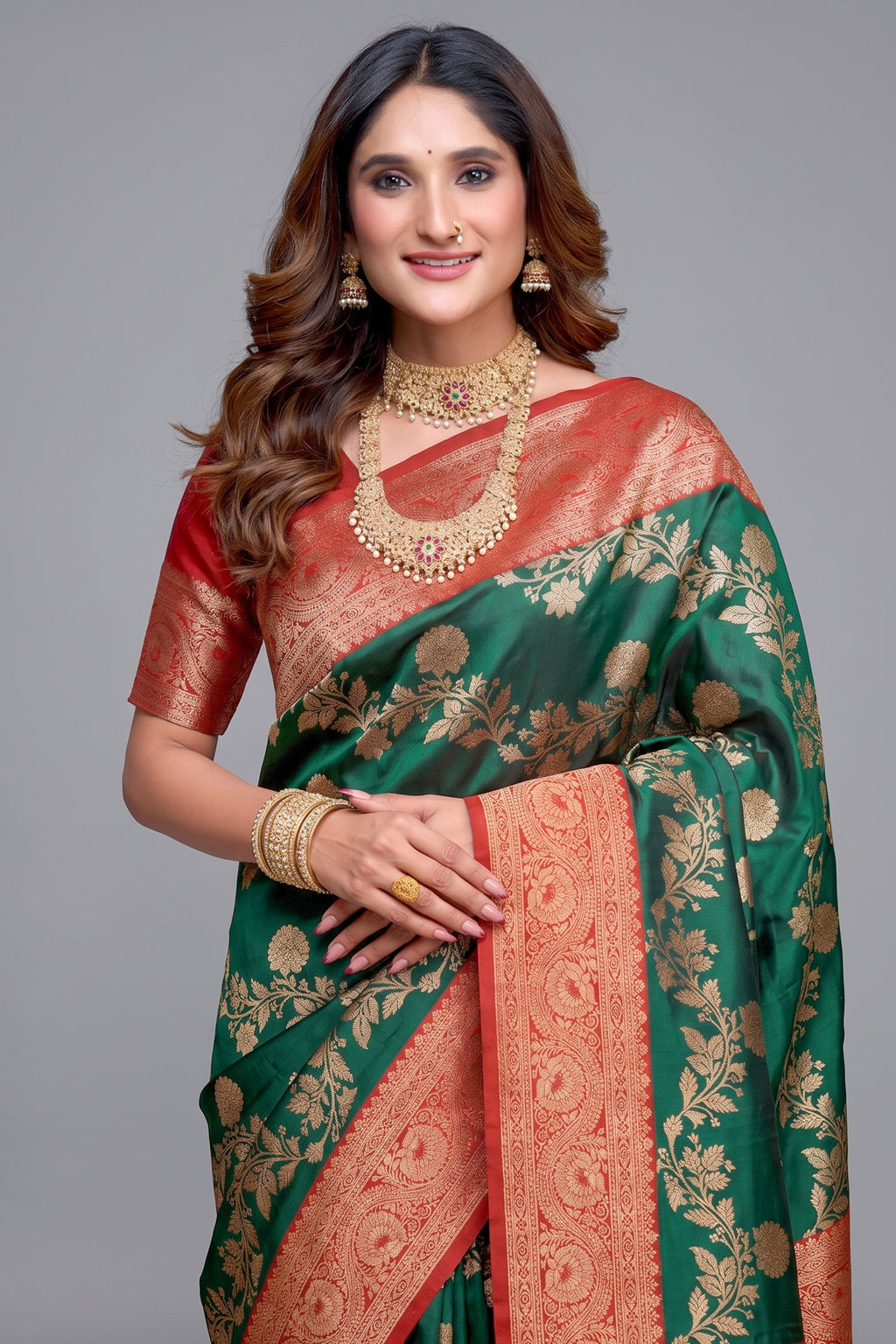 Bottle Green Art Silk All Over Zari Weaving Saree with Contrast Rust Border
