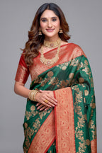 Bottle Green Art Silk All Over Zari Weaving Saree with Contrast Rust Border