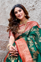 Bottle Green Art Silk All Over Zari Weaving Saree with Contrast Rust Border