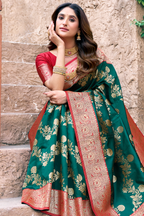 Bottle Green Art Silk All Over Zari Weaving Saree with Contrast Rust Border