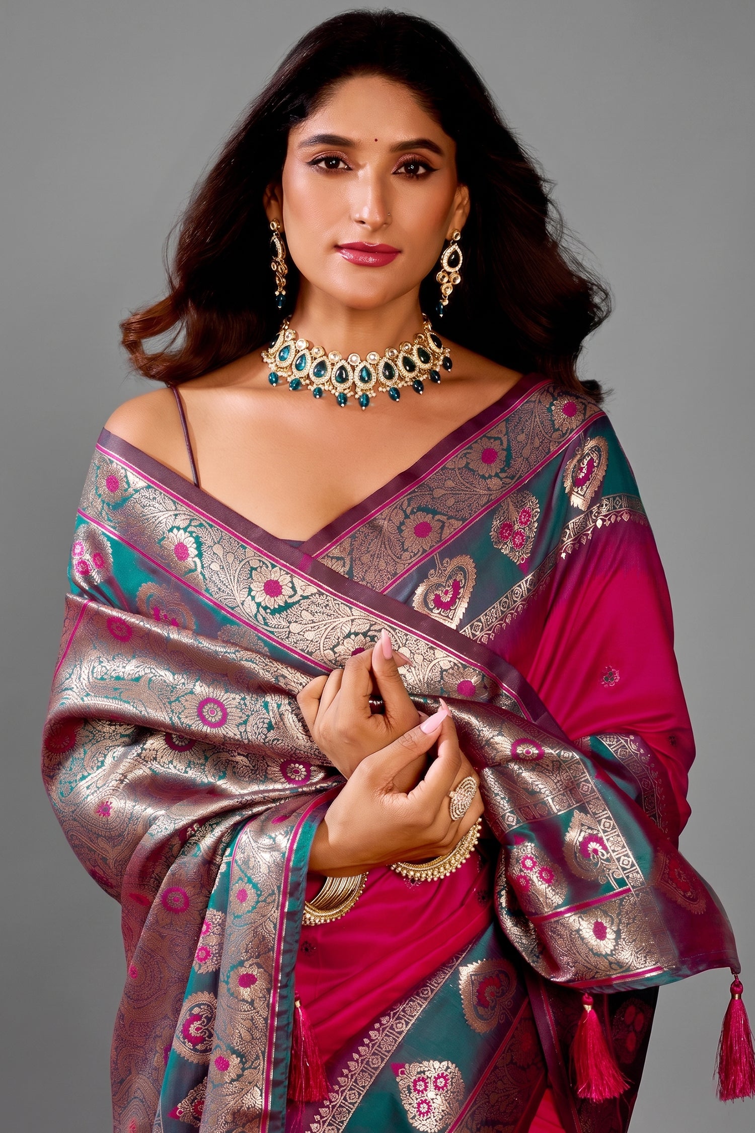 Bright Pink and Peacock Teal Traditional Art Silk Saree with Woven Pallu Secondary image
