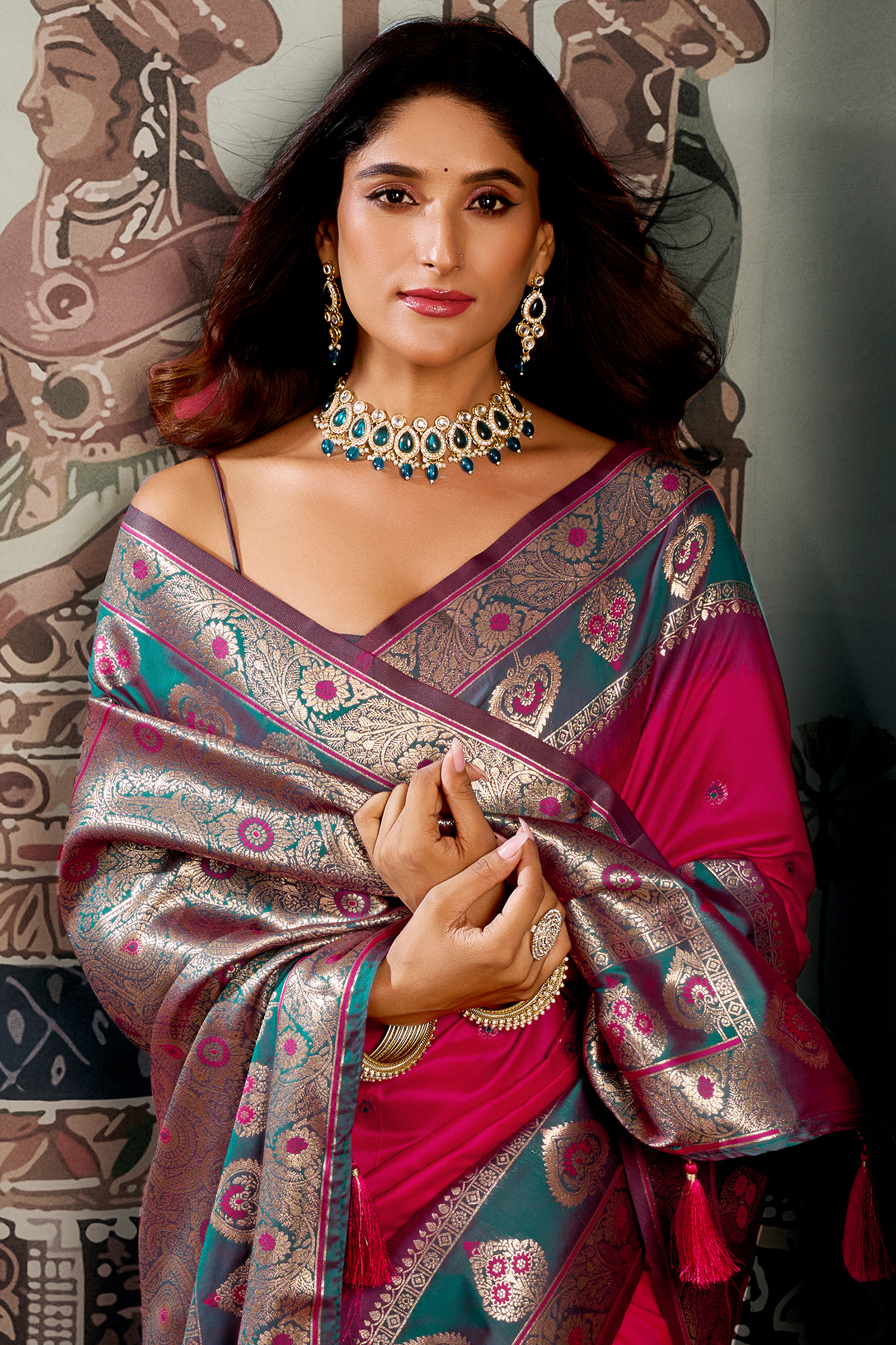 Bright Pink and Peacock Teal Traditional Art Silk Saree with Woven Pallu
