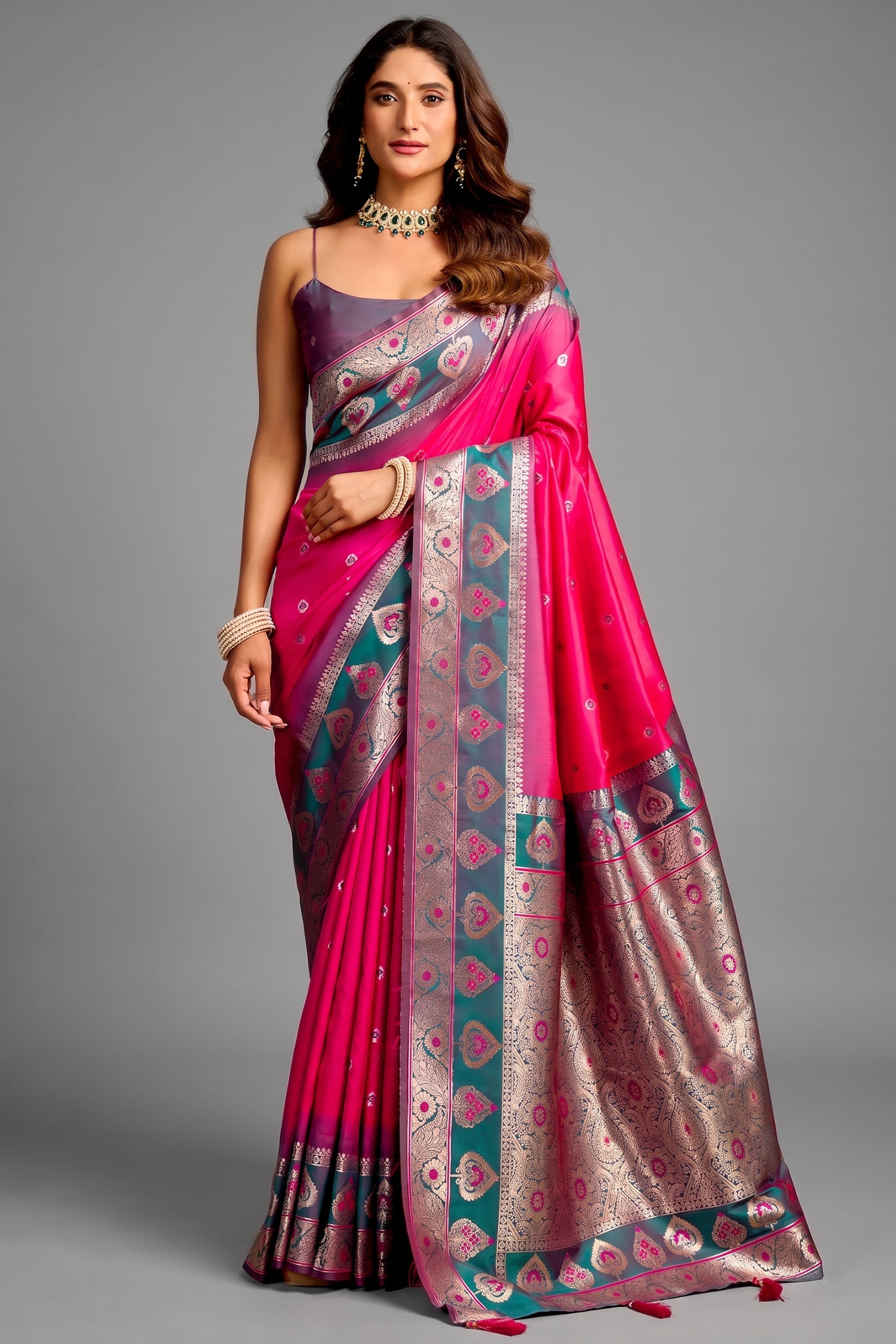 Bright Pink and Peacock Teal Traditional Art Silk Saree with Woven Pallu Main image
