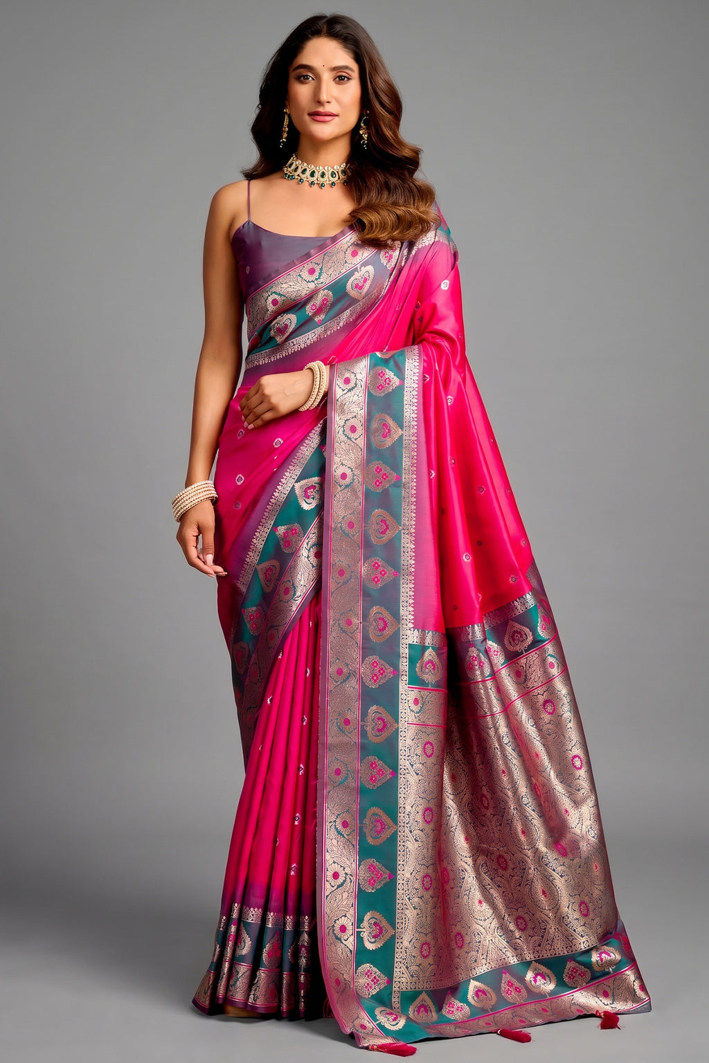 Bright Pink and Peacock Teal Traditional Art Silk Saree with Woven Pallu
