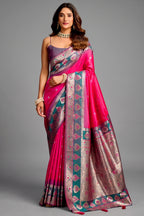 Bright Pink and Peacock Teal Traditional Art Silk Saree with Woven Pallu