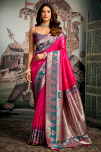 Bright Pink and Peacock Teal Traditional Art Silk Saree with Woven Pallu