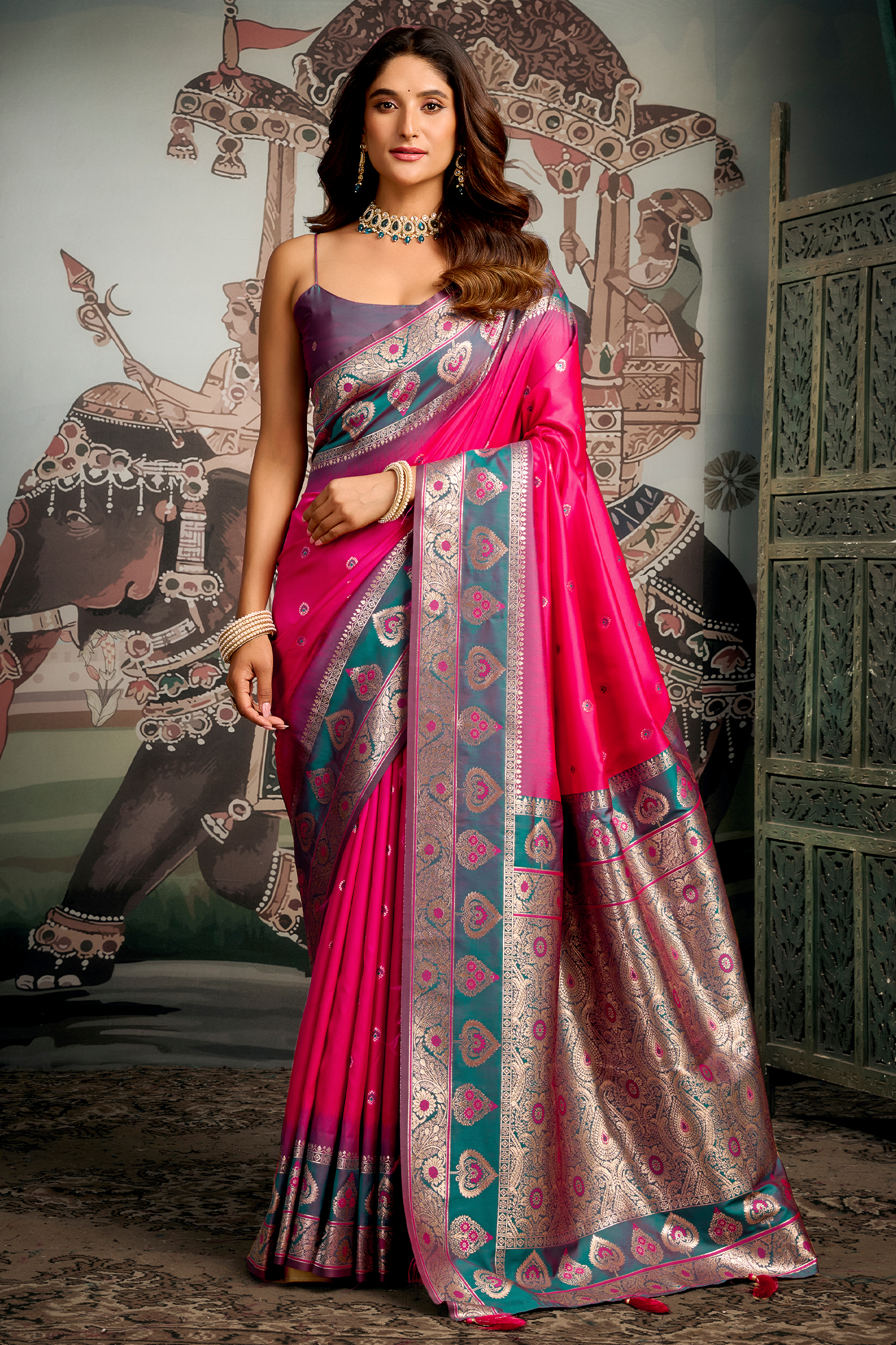 Bright Pink and Peacock Teal Traditional Art Silk Saree with Woven Pallu