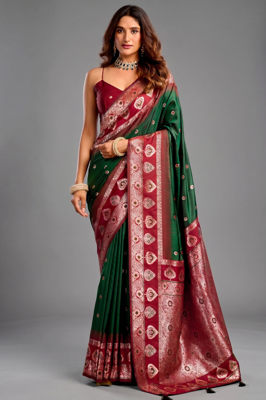 Deep Bottle Green and Wine Red Traditional Art Silk Saree with Ornate Pallu