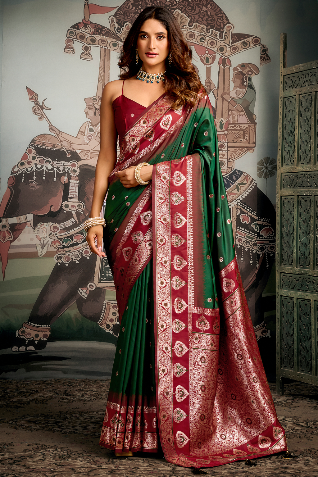 Deep Bottle Green and Wine Red Traditional Art Silk Saree with Ornate Pallu