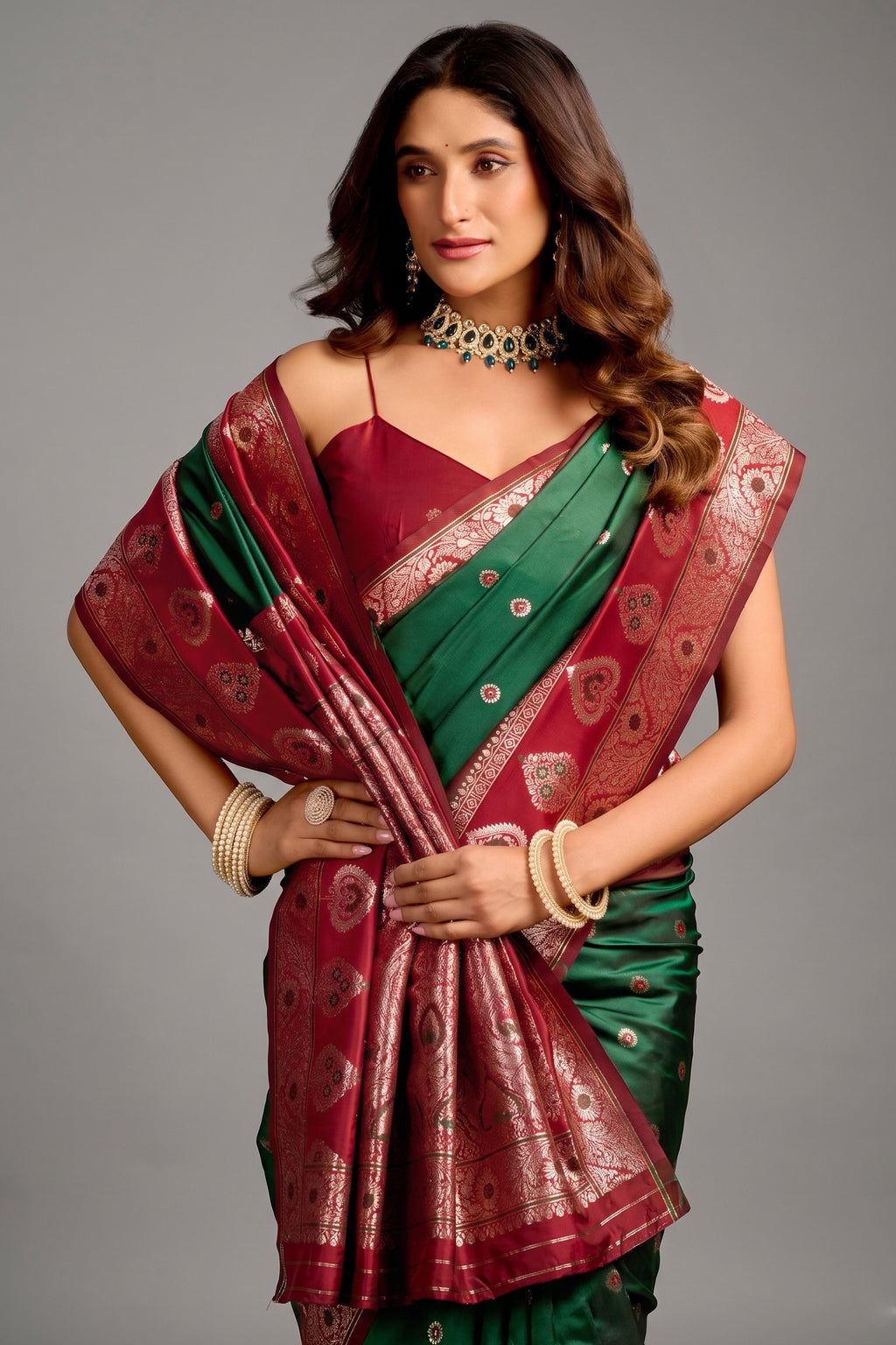 Deep Bottle Green and Wine Red Traditional Art Silk Saree with Ornate Pallu
