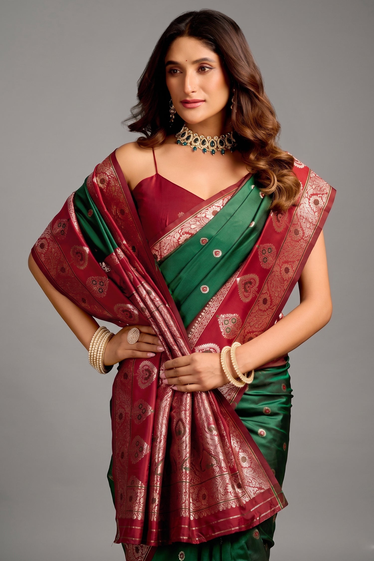 Deep Bottle Green and Wine Red Traditional Art Silk Saree with Ornate Pallu
