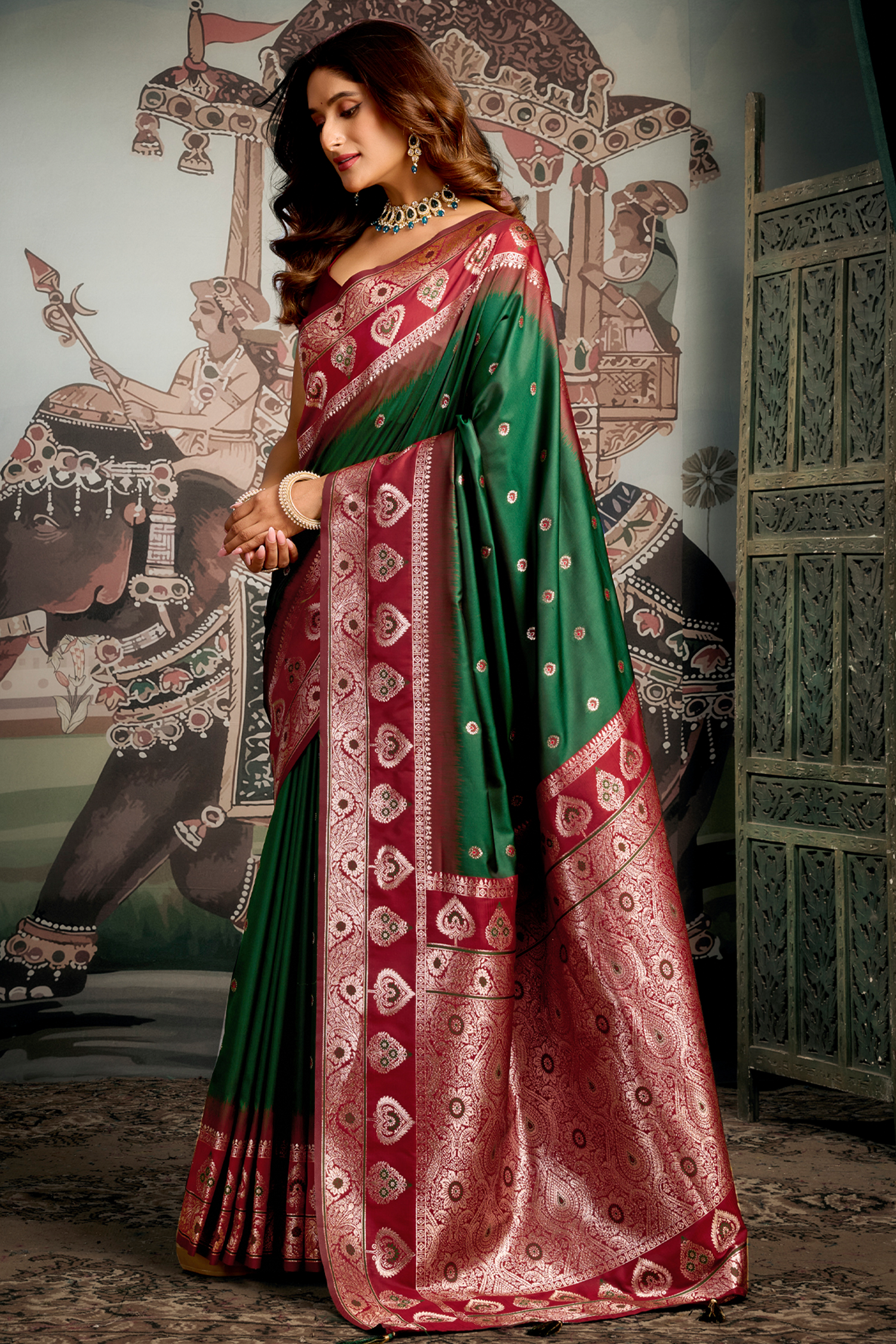 Deep Bottle Green and Wine Red Traditional Art Silk Saree with Ornate Pallu