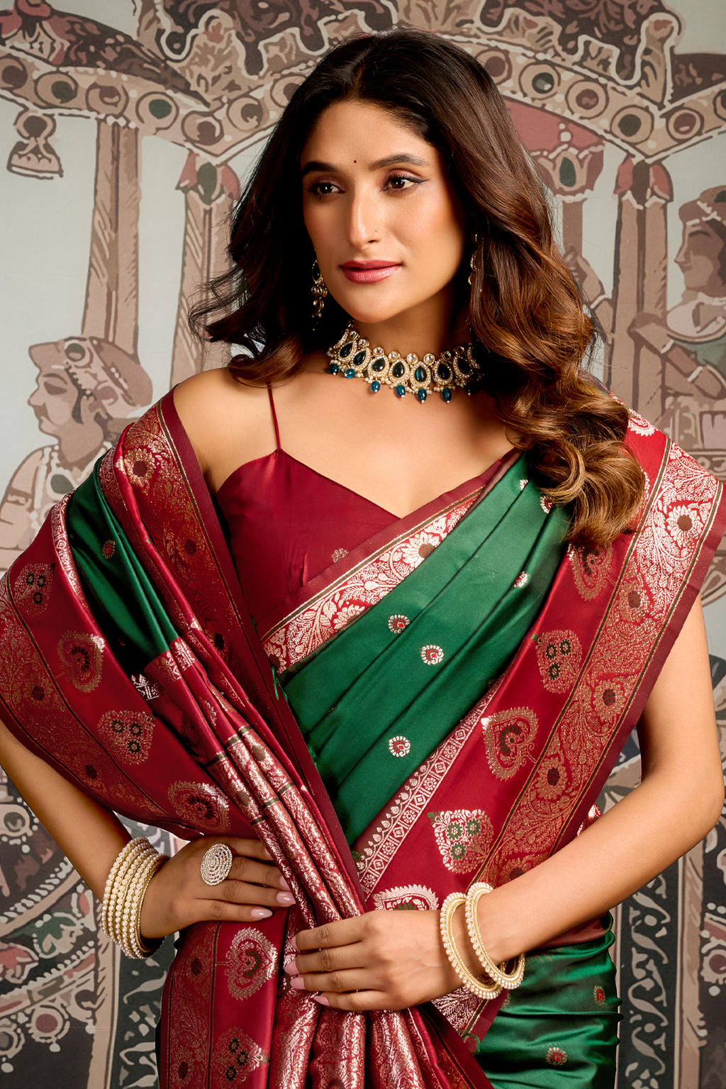 Deep Bottle Green and Wine Red Traditional Art Silk Saree with Ornate Pallu