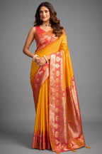 Yellow and Scarlet Red Traditional Art Silk Saree Set with Weaving