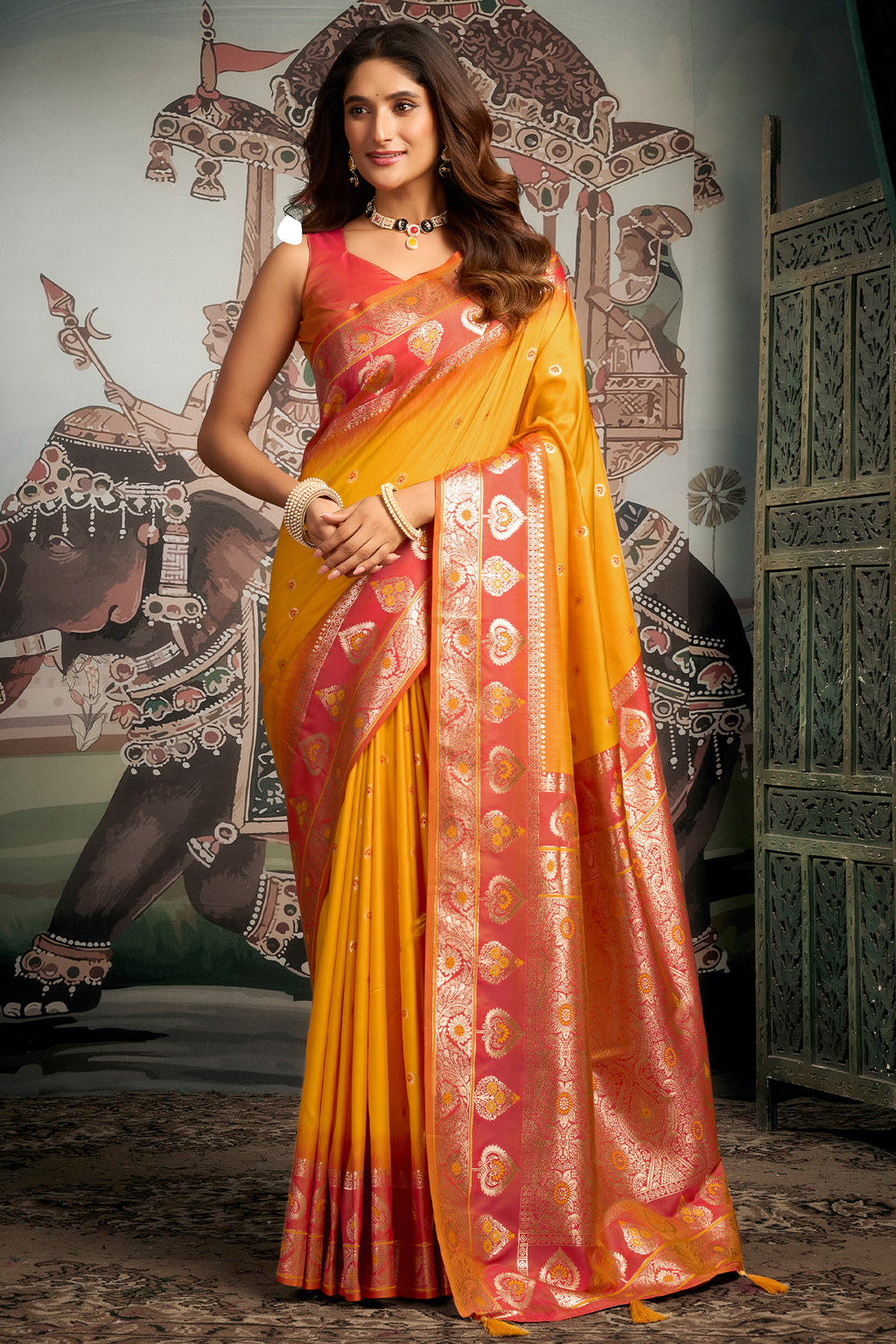 Yellow and Scarlet Red Traditional Art Silk Saree Set with Weaving